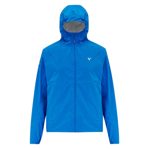 Mac in a Sac Men's Venture Ultralite Blue Running Jacket front view with hood up and zipped up