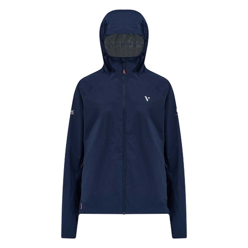 Mac in a Sac Women's Venture Ultralite Navy Running Jacket front view with hood up and zipped up
