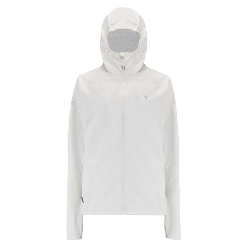 Mac in a Sac Women's Venture Ultralite White Running Jacket front view with hood up and zipped up