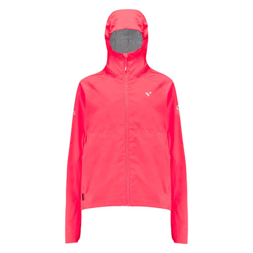 Mac in a Sac Women's Venture Ultralite Neon Watermelon Running Jacket front view with hood up and zipped up