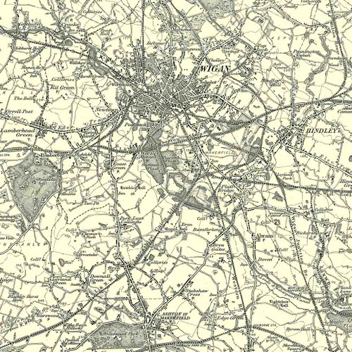 Close up of Authentic reproduction of Ordnance Survey map of Wigan 1896-1904 with a yellow tint background