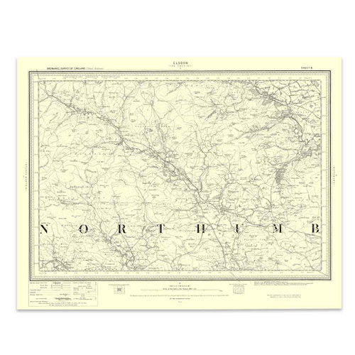 Authentic reproduction of Ordnance Survey map of Elsdon 1896-1904 with a yellow tint background