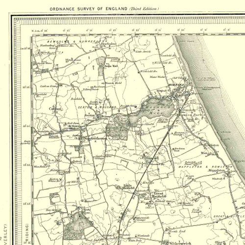 Close up of authentic reproduction of Ordnance Survey map of Hornsea 1896-1904 with a yellow tint background