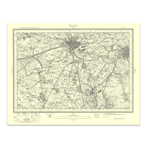 Authentic reproduction of Ordnance Survey map of Preston 1896-1904 with a yellow tint background