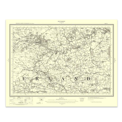 Authentic reproduction of Ordnance Survey map of Rothbury 1896-1904 with a yellow tint background