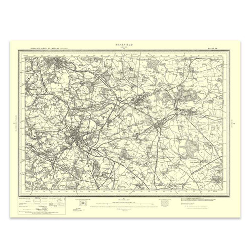 Authentic reproduction of Ordnance Survey map of Wakefield 1896-1904 with a yellow tint background