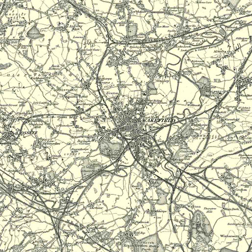 Close up of authentic reproduction of Ordnance Survey map of Wakefield 1896-1904 with a yellow tint background