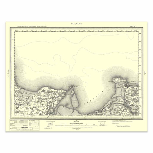 Authentic reproduction of Ordnance Survey map of Beaumaris 1896-1904 with a yellow tint background