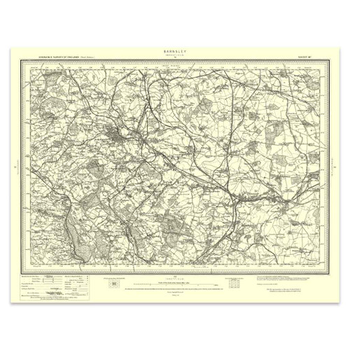 Authentic reproduction of Ordnance Survey map of Barnsley 1896-1904 with a yellow tint background