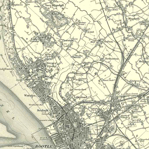 Close up of Authentic reproduction of Ordnance Survey map of Formby 1896-1904 with a yellow tint background