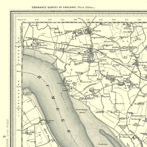 Close up of authentic reproduction of Ordnance Survey map of Patrington 1896-1904 with a yellow tint background