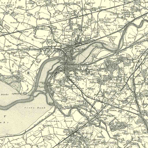 Close up of authentic reproduction of Ordnance Survey map of Runcorn 1896-1904 with a yellow tint background