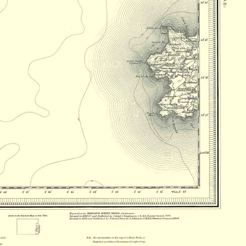 Close up of authentic reproduction of Ordnance Survey map of South Stack 1896-1904 with a yellow tint background