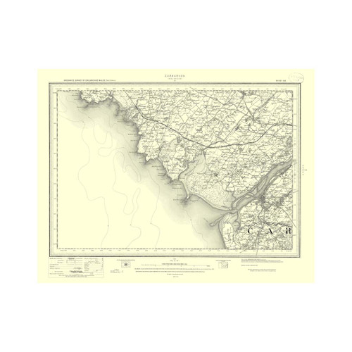 Authentic reproduction of Ordnance Survey map of Carnarvon 1896-1904 with a yellow tint background