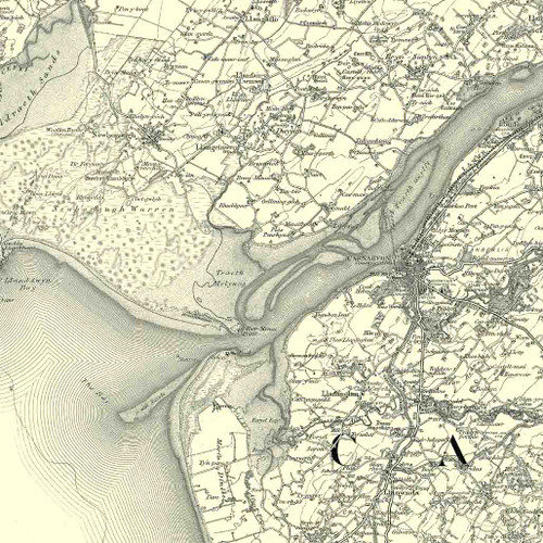 Close up of authentic reproduction of Ordnance Survey map of Carnarvon 1896-1904 with a yellow tint background
