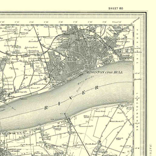 Close up of authentic reproduction of Ordnance Survey map of Kingston upon Hull 1896-1904 with a yellow tint background