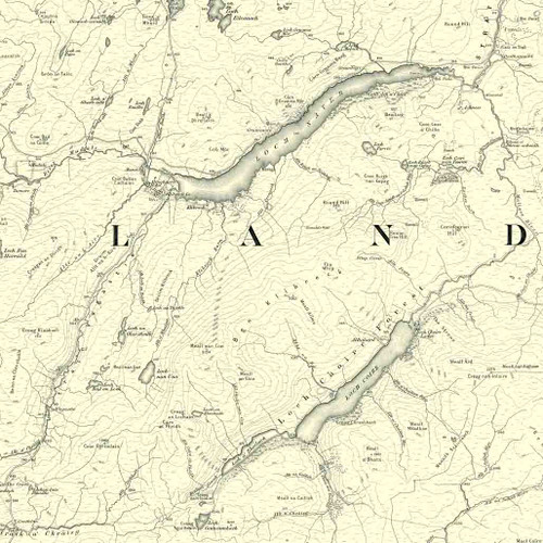 Close up of authentic reproduction of Ordnance Survey map of Altnaharra 1896-1904 with a yellow tint background