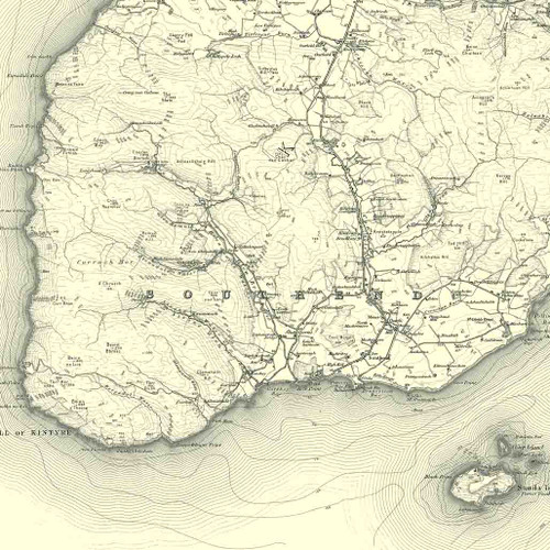 Close up of authentic reproduction of Ordnance Survey map of Campbeltown 1896-1904 with a yellow tint background