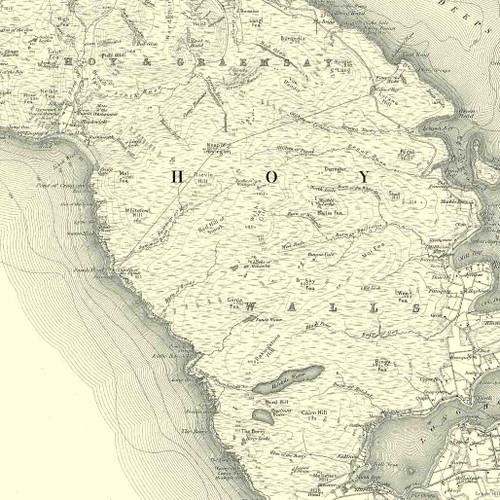 Close up of Authentic reproduction of Ordnance Survey map of Hoy 1896-1904 with a yellow tint background