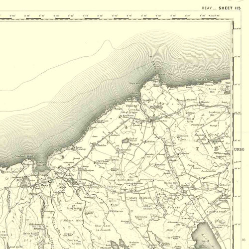 Close up of authentic reproduction of Ordnance Survey map of Reay 1896-1904 with a yellow tint background