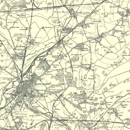 Close up of Authentic reproduction of Ordnance Survey map of Doncaster 1896-1904 with a yellow tint background