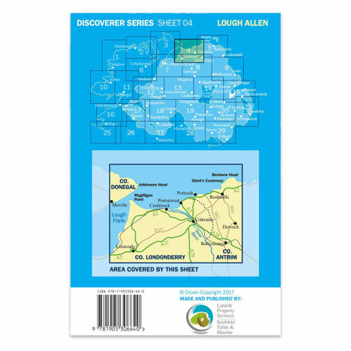 Blue back cover of OS Northern Ireland Discoverer Series Map of Coleraine: Discoverer 4 showing the area covered by the map and the wider area