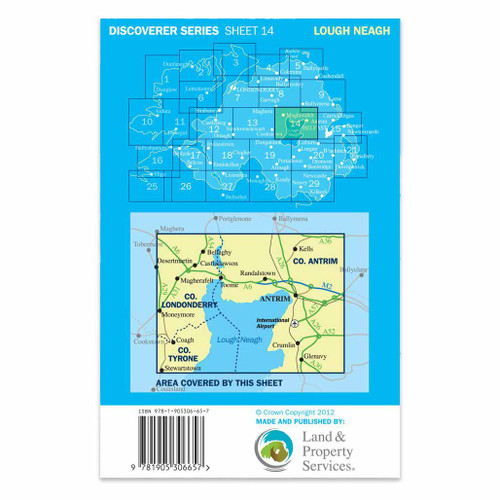 Blue back cover of OS Northern Ireland Discoverer Series Map of Loch Neagh: Discoverer 14 showing the area covered by the map and the wider area