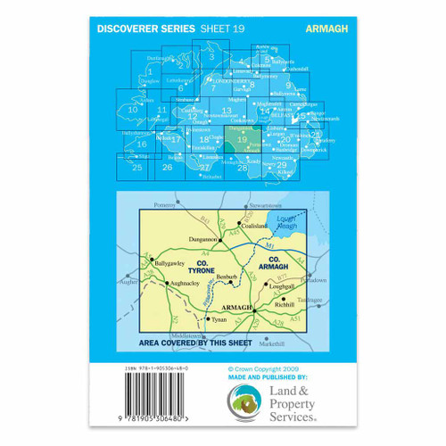 Blue back cover of OS Northern Ireland Discoverer Series Map of  Armagh: Discoverer 19 showing the area covered by the map and the wider area