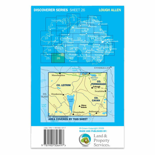 Blue back cover of OS Northern Ireland Discoverer Series Map of Lough Allen: Discoverer 26 showing the area covered by the map and the wider area