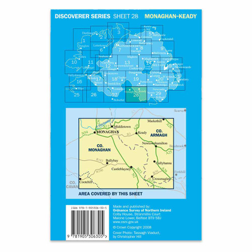 Blue back cover of OS Northern Ireland Discoverer Series Map of Monaghan: Discoverer 28 showing the area covered by the map and the wider area