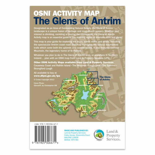 Beige back cover of  OS Northern Ireland Activity Map of  Glens of Antrim area