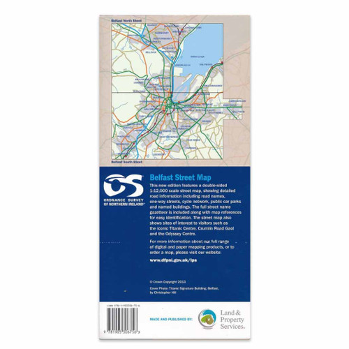 Blue back cover of Map of Belfast: OSNI Street Map and area.