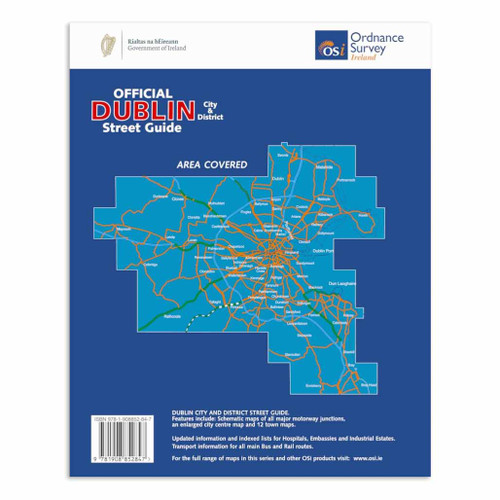 Blue back cover of the OSI Official Dublin City And District Street Guide showing map coverage