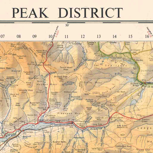 Close up of Reproduction Peak District vintage map flat view