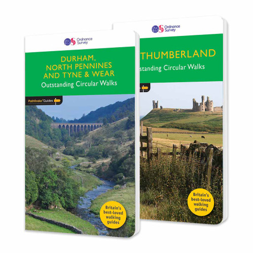 Front covers of the OS Pathfinder guidebook series in the Pathfinder set for North East
