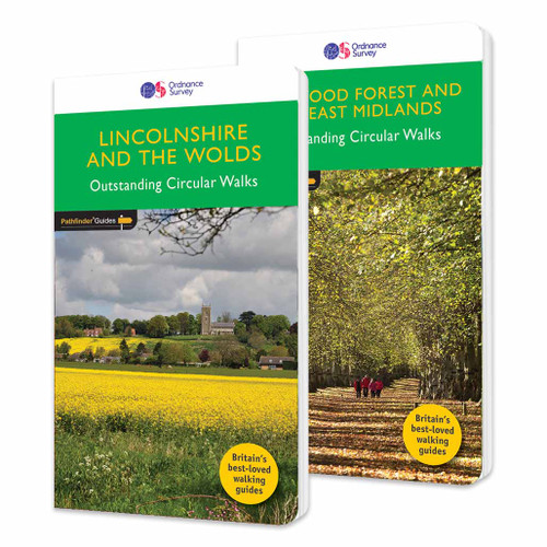 Front covers of the OS Pathfinder guidebook series in the Pathfinder set for East Midlands