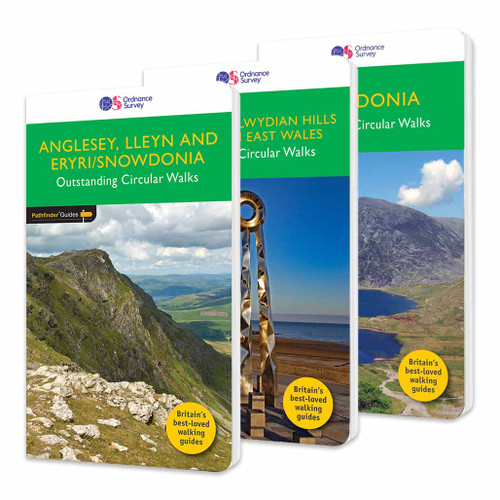 Front covers of the OS Pathfinder guidebook series in the Pathfinder set for North Wales