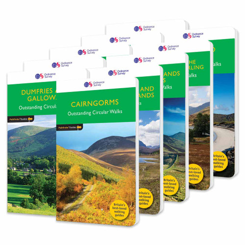 Front covers of the OS Pathfinder guidebook series in the Pathfinder set for Scotland Mainland