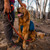 Person standing scratching a dogs head while the dog is sitting wearing a Ruffwear Flat Out Adjustable Dog Lead clipped to the dogs blue harness