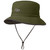 Short brimmed Lodon dark green Sun Bucket Hat by Outdoor Research front and side view facing right with grey logo on the side and drawstring hanging down