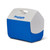 Closed Igloo Playmate Elite Cooler in blue and white, tilted to show front and side view and the blue Igloo logo