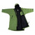 Dryrobe Advance Adults Green Long Sleeve Outdoor Robe outstretched and laid on a flat surface with the left side folded back showing the black inside waterproof zip pocket & label