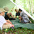 Children sitting under the shelter set up in the woods