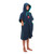 Child wearing the Red Paddle Kids Quick Dry Navy Change Robe facing forwards but to the side with the hood up and hands in the front pockets