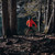 Person wearing Mac in a Sac Men's Venture Ultralite Neon Orange Running Jacket, running in the woods