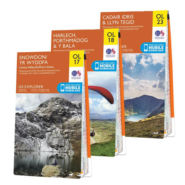 Orange front covers of the 3 maps in the OS Explorer Snowdonia Map Set including OL 17 Snowdonia / Yr Wydda, OL18 Harlech, Porthmadog and Y Bala and OL23 Cadair Idris & Llyn Tegid