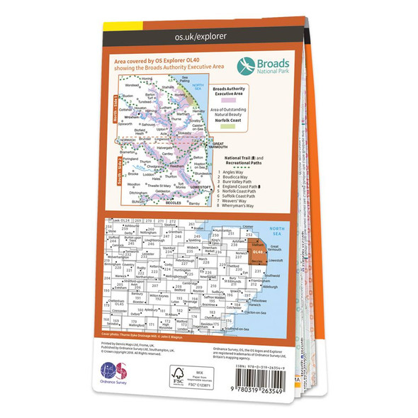 Rear orange cover of OS Explorer Map OL 40 The Broads showing the area covered by the map and the wider area