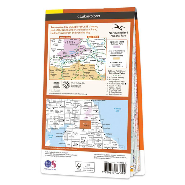 Rear orange cover of OS Explorer Map OL 43 Hadrian's Wall showing the area covered by the map and the wider area