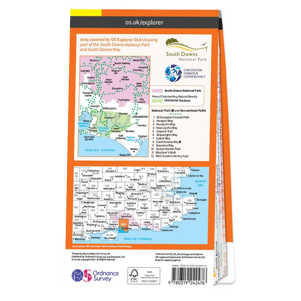 Rear orange cover of OS Explorer Map OL 8 Chichester showing the area covered by the map and the wider area