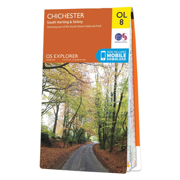 Orange front cover of OS Explorer Map OL 8 Chichester